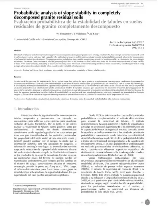 Evaluación probabilística de la estabilidad de taludes en suelos residuales de granito completamente descompuesto